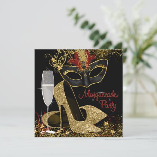 Rood zwart en goud gemaskerde verjaardagsfeestje kaart (Staand voorkant)