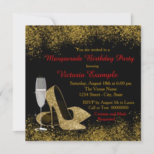 Rood zwart en goud gemaskerde verjaardagsfeestje kaart (Achterkant)