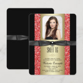 Rood Zwart en Goud Glitter Sweet 16 Party Kaart (Voorkant / Achterkant)