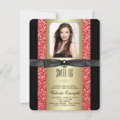 Rood Zwart en Goud Glitter Sweet 16 Party Kaart (Voorkant)