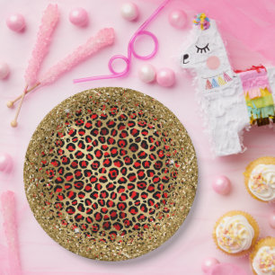 Rood Zwart en Goud Glitterige Folie Luipaard Glam Papieren Bordje