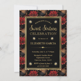 Rood Zwart en Goud Marmer Bloem Sweet Sixteen Kaart