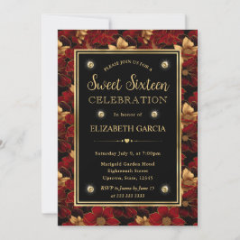 Rood Zwart en Goud Marmer Bloem Sweet Sixteen Kaart
