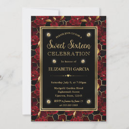Rood Zwart en Goud Marmer Bloem Sweet Sixteen Kaart