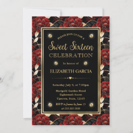 Rood Zwart en Goud Marmer Bloem Sweet Sixteen Kaart