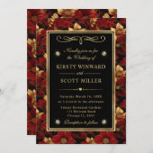 Rood Zwart en Goud Marmer Bloemen Bruiloft Kaart (Voorkant / Achterkant)