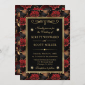 Rood Zwart en Goud Marmer Bloemen Bruiloft Kaart (Voorkant / Achterkant)