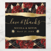 Rood Zwart en Goud Marmer Bloemen Bruiloft Wijn Etiket (Enkel label)