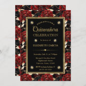 Rood Zwart en Goud Marmer Bloemen Quinceanera Kaart (Voorkant / Achterkant)