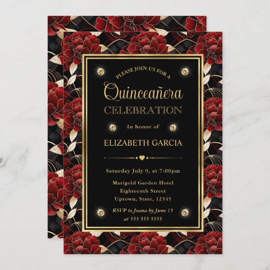 Rood Zwart en Goud Marmer Bloemen Quinceanera Kaart (Voorkant / Achterkant)