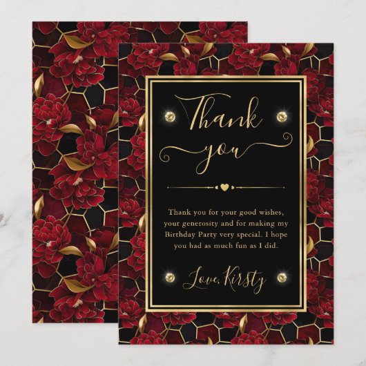 Rood Zwart en Goud Marmer Bloemen Verjaardag Bedankkaart (Voorkant / Achterkant)