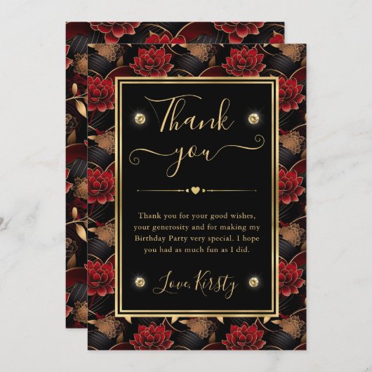 Rood Zwart en Goud Marmer Bloemen Verjaardag Bedankkaart (Voorkant / Achterkant)