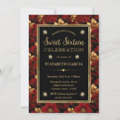 Rood Zwart en Goud Marmer Bloemen Zoet Zestien Kaart (Voorkant)