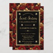 Rood Zwart en Goud Marmer Bloemen Zoet Zestien Kaart (Voorkant / Achterkant)