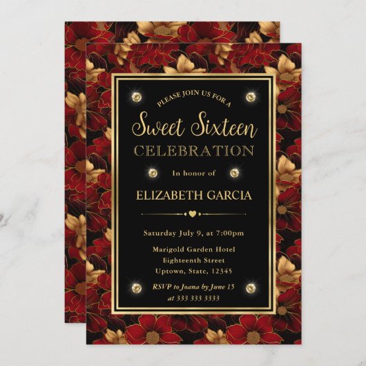 Rood Zwart en Goud Marmer Bloemen Zoet Zestien Kaart (Voorkant / Achterkant)