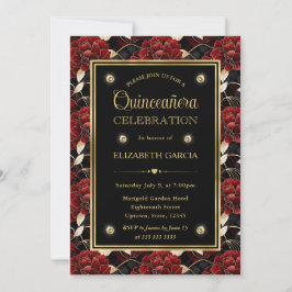 Rood Zwart en Goud Marmeren Bloemstuk Quinceanera Kaart
