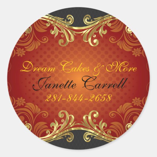 Rood zwart en goud wervelingen ronde sticker (Voorkant)