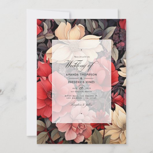 Rood, Zwart en Taupe Bloemenbruiloft Kaart (Voorkant)