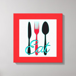 Rood, Zwart en Teal Vork, Mes en Lepel Keuken Canvas Afdruk