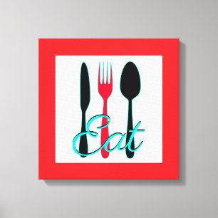 Rood, Zwart en Teal Vork, Mes en Lepel Keuken Canvas Afdruk