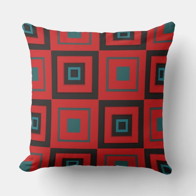 Rood, zwart en turquoise geometrisch kussen (Voorkant)