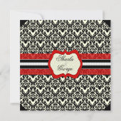 Rood, Zwart en White Damask Wedding Invitation Kaart (Achterkant)