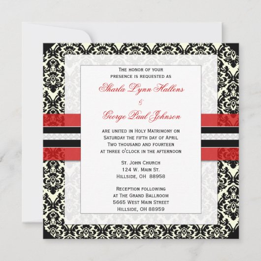 Rood, Zwart en White Damask Wedding Invitation Kaart (Voorkant)