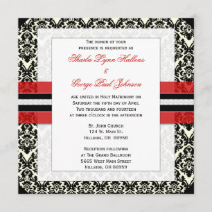 Rood, Zwart en White Damask Wedding Invitation Kaart