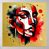 Rood, zwart en wit Abstract Gezicht op goud | Poster (Voorkant)