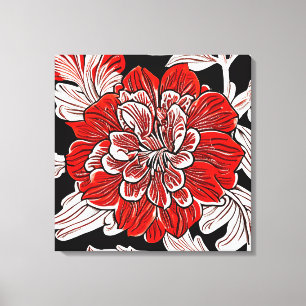 Rood Zwart en Wit Art Nouveau Bloem Canvas Afdruk