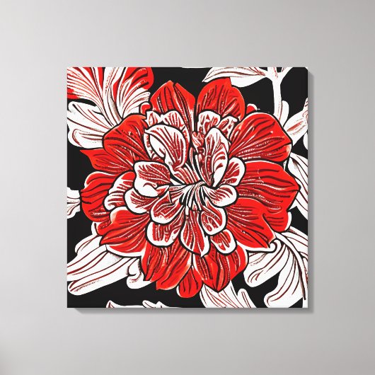 Rood Zwart en Wit Art Nouveau Bloem Canvas Afdruk (Voorkant)