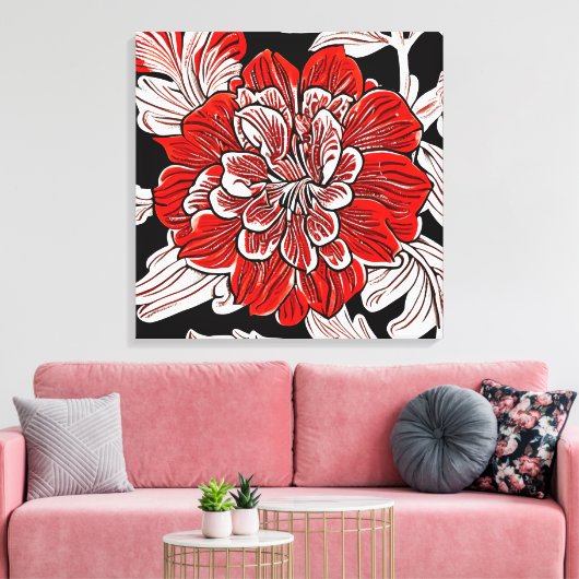 Rood Zwart en Wit Art Nouveau Bloem Canvas Afdruk (Insitu (Woonkamer))