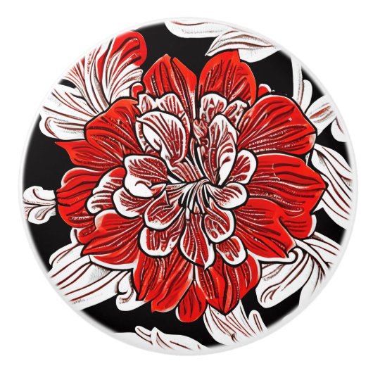 Rood Zwart en Wit Art Nouveau Bloem Keramische Knop (Voorkant)