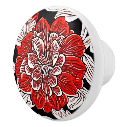 Rood Zwart en Wit Art Nouveau Bloem Keramische Knop (Rechts)