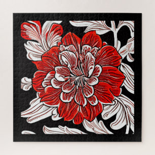 Rood Zwart en Wit Art Nouveau Bloem Legpuzzel