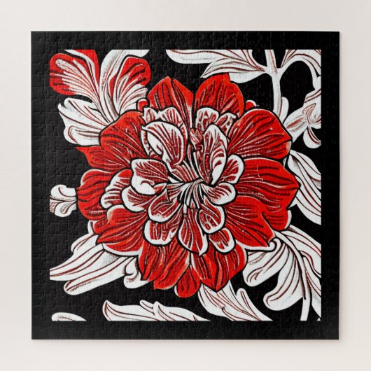 Rood Zwart en Wit Art Nouveau Bloem Legpuzzel (Verticaal)