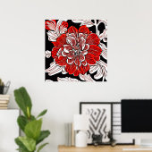 Rood Zwart en Wit Art Nouveau Bloem Poster (Thuiskantoor)
