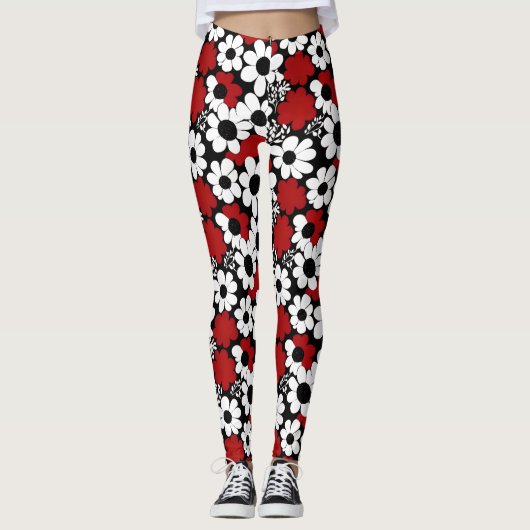 Rood, zwart en wit bloemen grillig leggings (Voorkant)