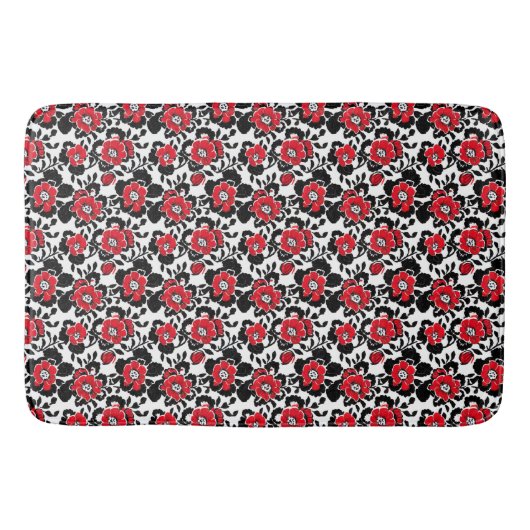 Rood, zwart en wit bloemen patroon badmat (Voorkant)