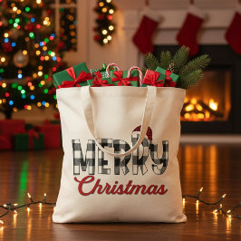 Rood, Zwart en Wit Buffel Plaid Vrolijk Kerstfeest Tote Bag