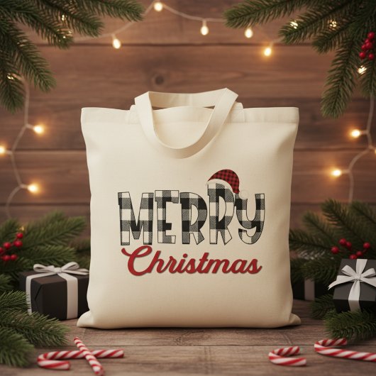 Rood, Zwart en Wit Buffel Plaid Vrolijk Kerstfeest Tote Bag