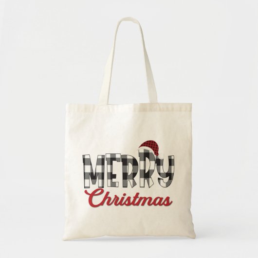 Rood, Zwart en Wit Buffel Plaid Vrolijk Kerstfeest Tote Bag (Voorkant)