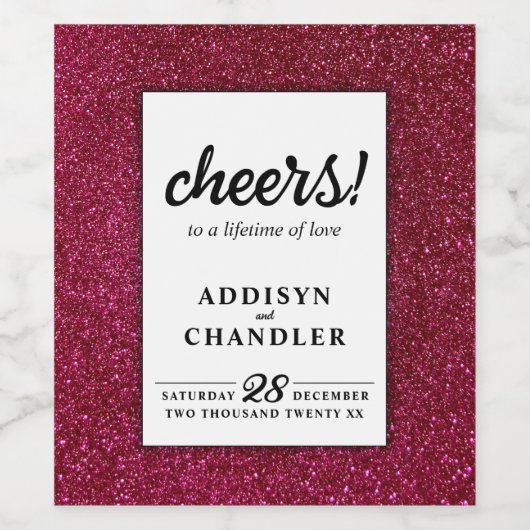 Rood Zwart en Wit Chique Moderne Bruiloft Glitter Wijn Etiket (Enkel label)