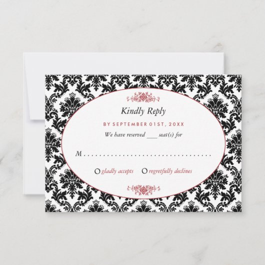  Rood, Zwart en Wit Damasgordijn RSVP Kaartje (Voorkant)