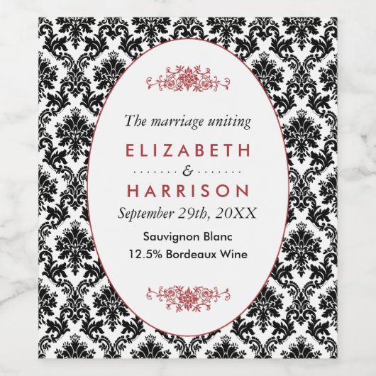 Rood, Zwart en Wit Damasgordijn Wijn Etiket (Enkel label)