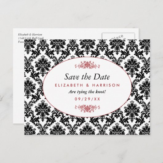  rood, zwart en wit damast bewaar de datum aankondigingskaart (Voorkant / Achterkant)