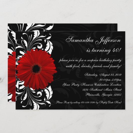 Rood, Zwart en Wit Gerbera Daisy 40ste verjaardag Kaart (Voorkant / Achterkant)