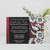 Rood zwart en wit glitter Sparkle Floral Wedding Kaart (Staand voorkant)