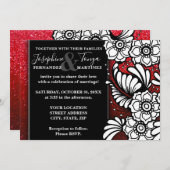 Rood zwart en wit glitter Sparkle Floral Wedding Kaart (Voorkant / Achterkant)