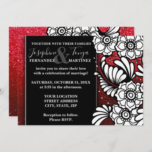 Rood zwart en wit glitter Sparkle Floral Wedding Kaart (Voorkant / Achterkant)